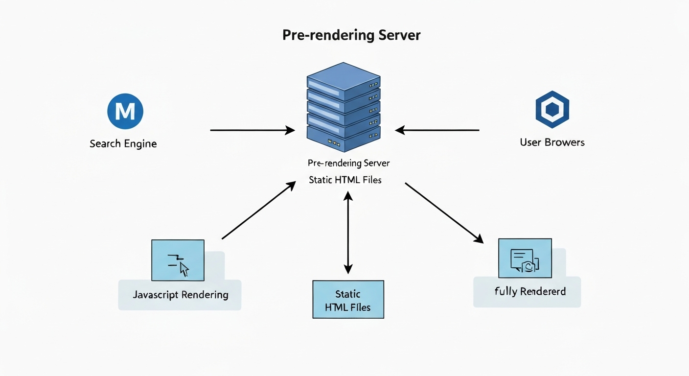 Schematische Darstellung des Pre-Rendering-Prozesses, bei dem statische HTML-Dateien für Suchmaschinen bereitgestellt werden.