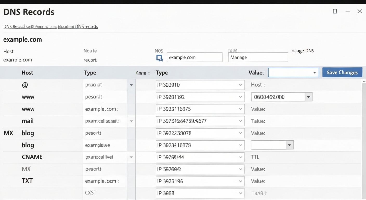 A screenshot of a DNS configuration panel, showing the DNS records for a domain.