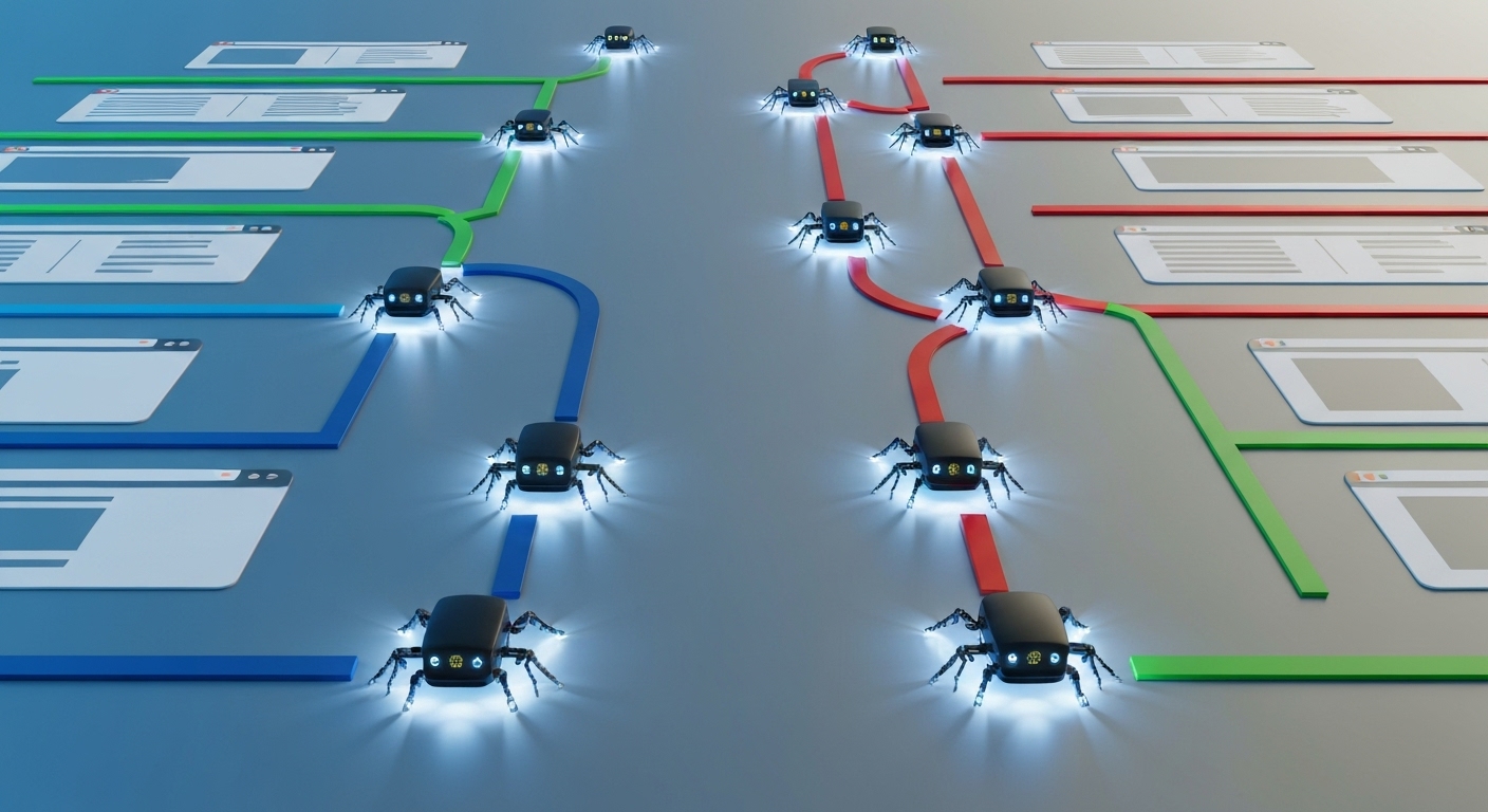 Illustration of search engine crawlers navigating a website.