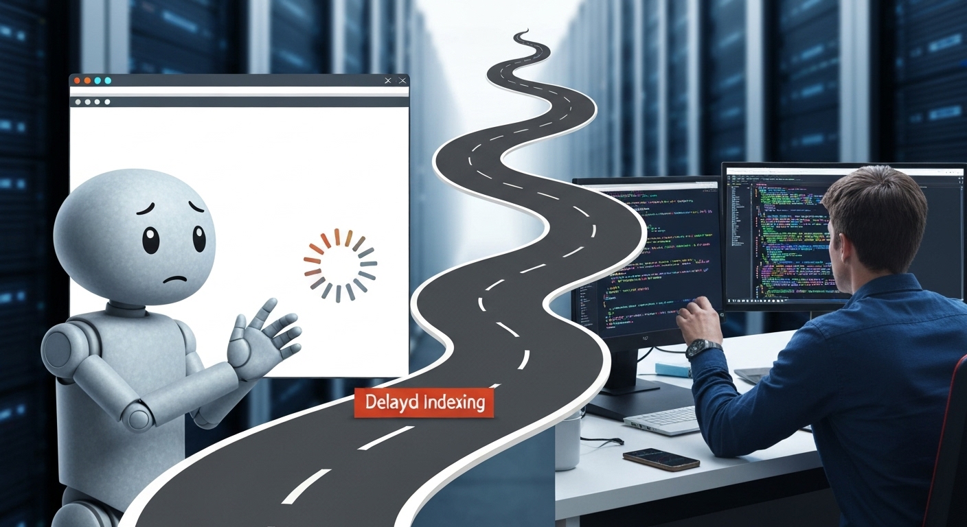 Darstellung der SEO-Herausforderungen bei Client-Side Rendering, einschließlich verzögerter Indexierung.
