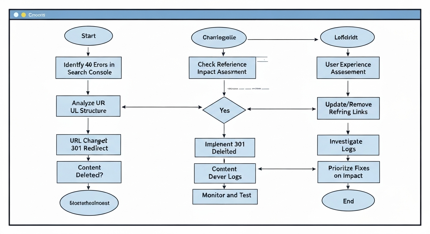 A flowchart illustrating the process of fixing 404 errors, including identifying the source, implementing redirects, and removing broken links.