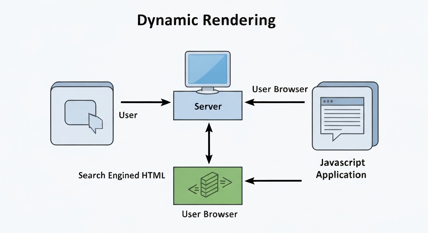 Architekturdiagramm von Dynamic Rendering, das die Bereitstellung unterschiedlicher Versionen für Benutzer und Suchmaschinen zeigt.