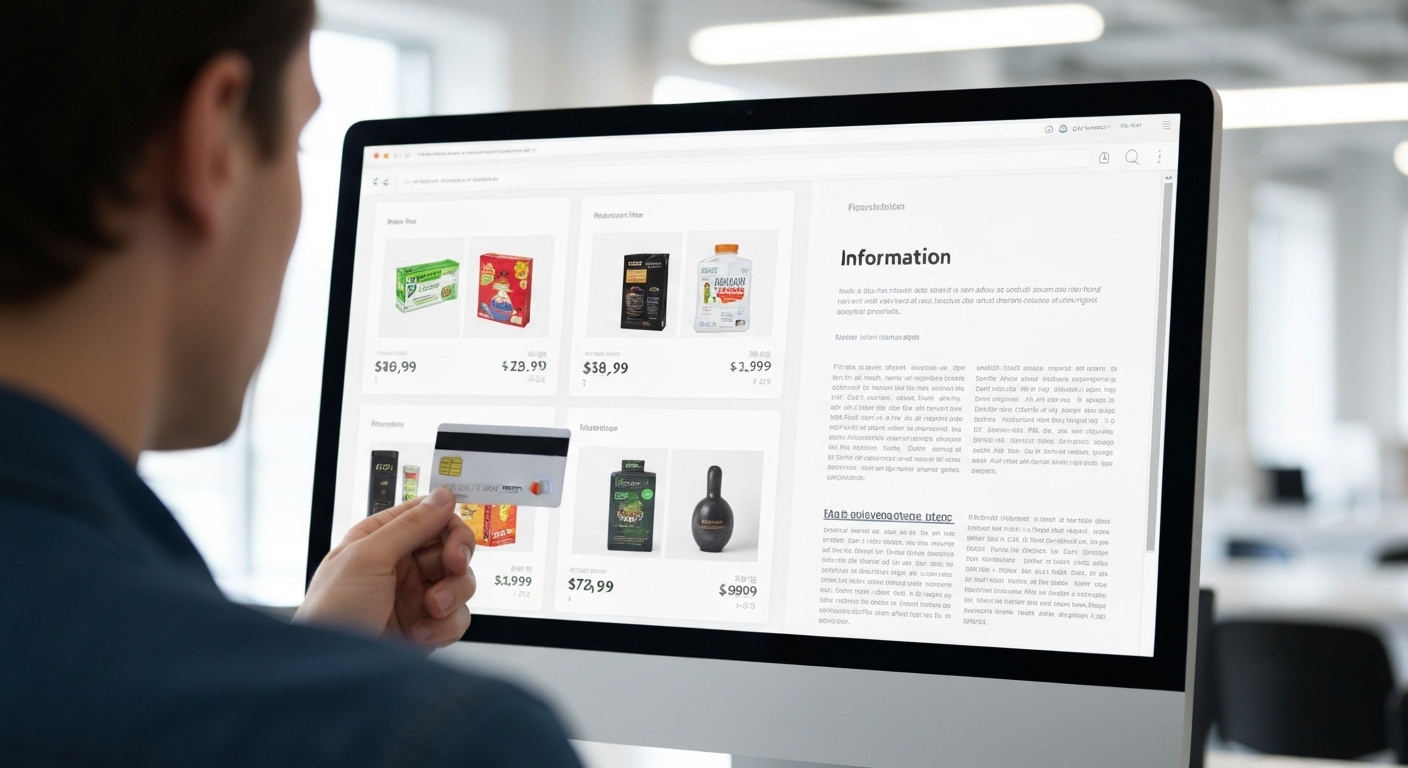 A person holding a credit card in front of a computer screen, suggesting a purchase.