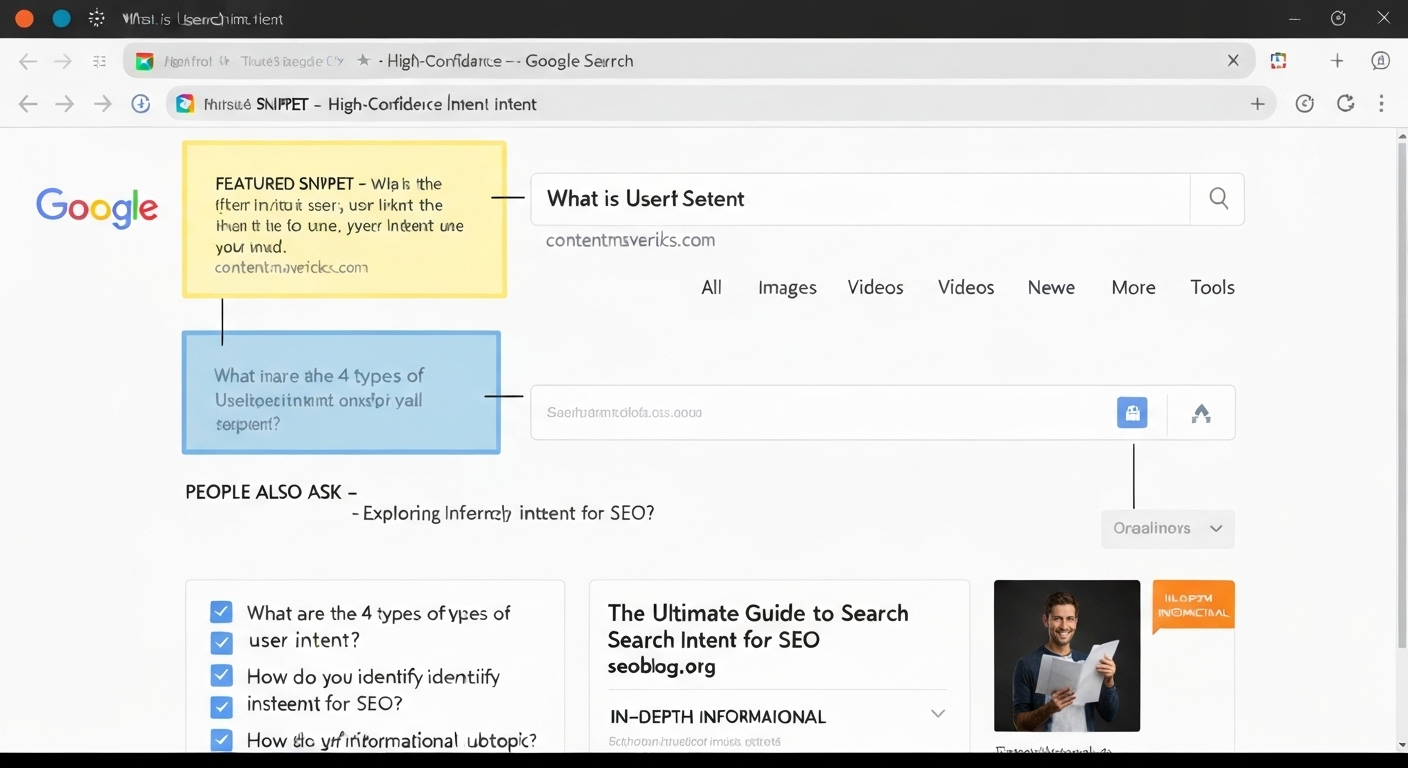 Beispiel einer Google-Suchergebnisseite (SERP) mit hervorgehobenen Elementen zur Analyse der Suchintention.