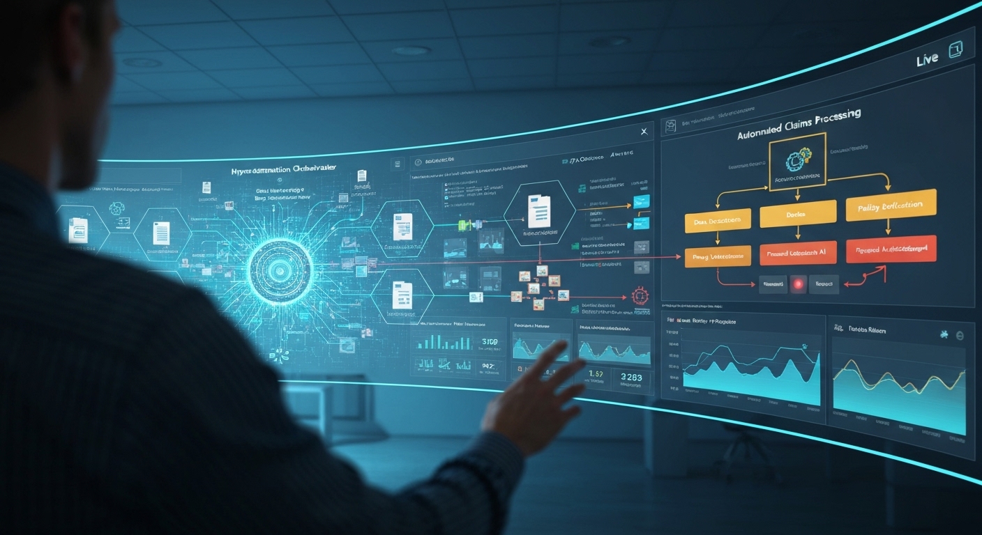 A futuristic digital interface showing complex, interconnected data streams and automated processes, representing the concept of hyperautomation.