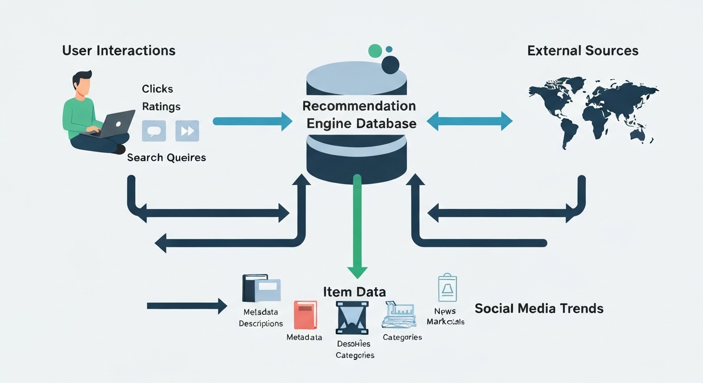 Illustration of data collection showing user interactions, item data, and external sources feeding into a database.