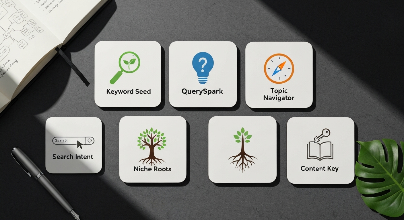 A collection of logos for various free keyword research tools.