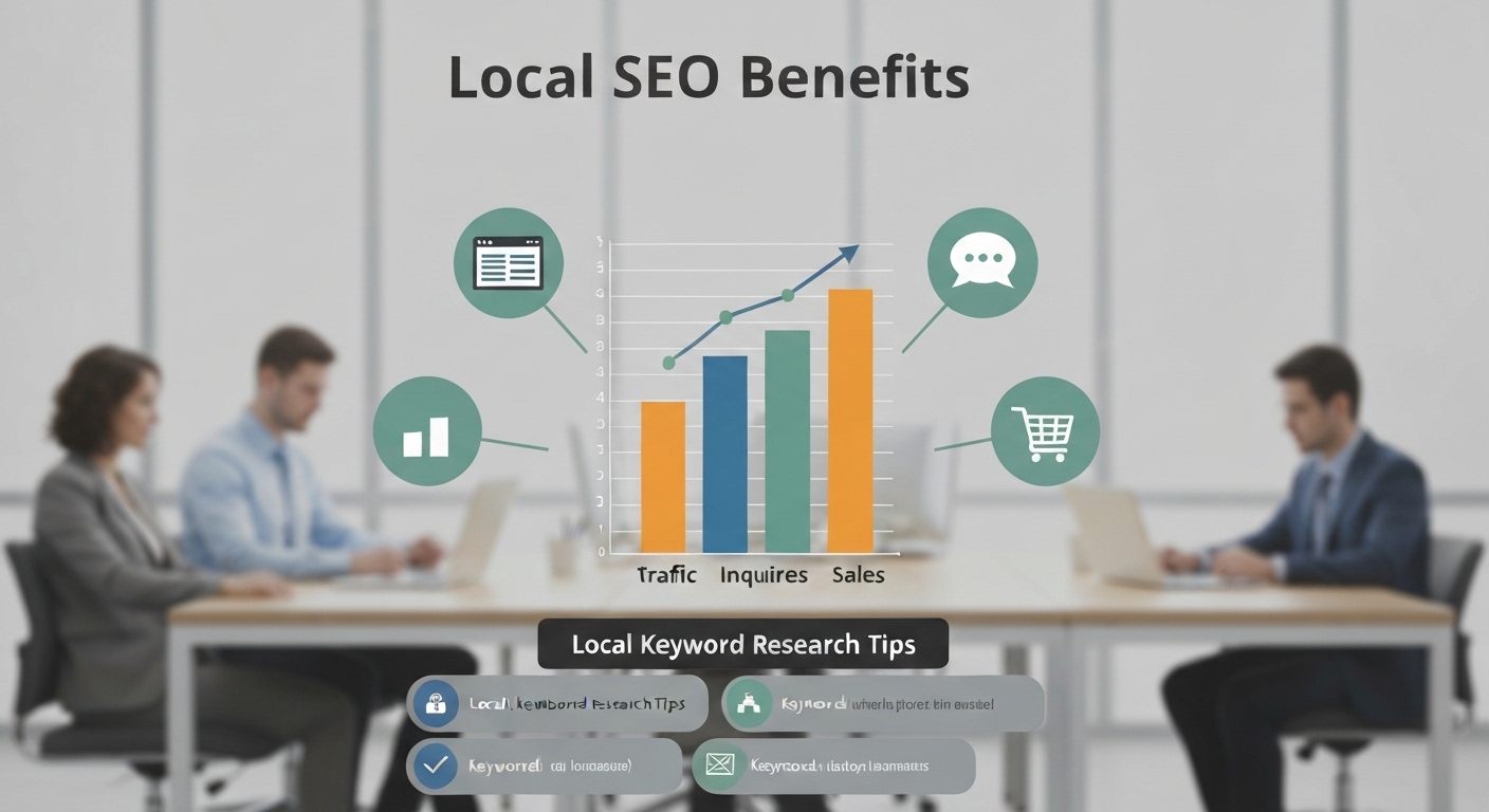Grafiko montranta la avantaji di lokala SEO, inkluzante augmentita trafiko, enquieri, e vendi.