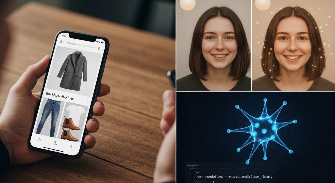 A collage showing real-world examples of AI in mobile apps, including e-commerce recommendations and social media filters.