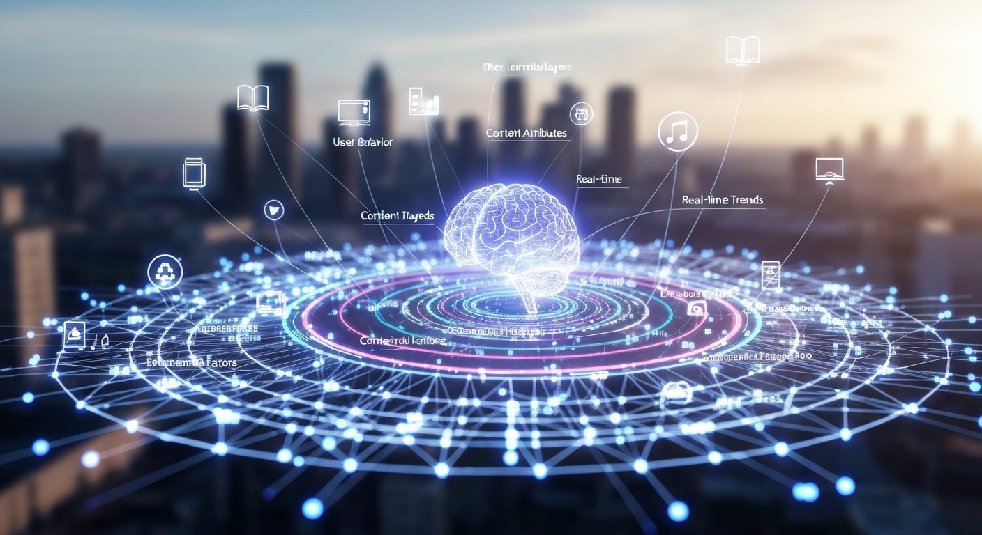 Conceptual image representing the future of recommendation engines with deep learning and contextual awareness.