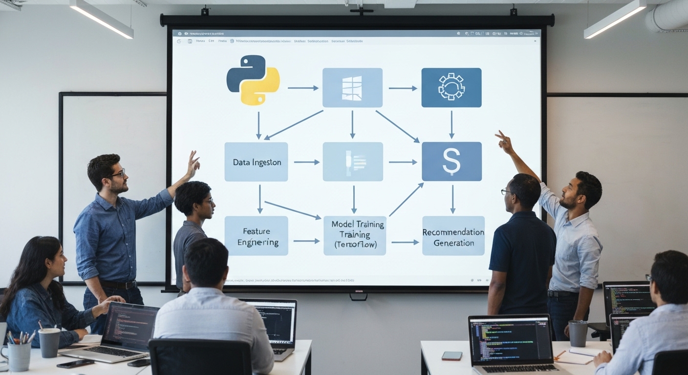 Representation of popular machine learning tools including Python, TensorFlow, and Spark.