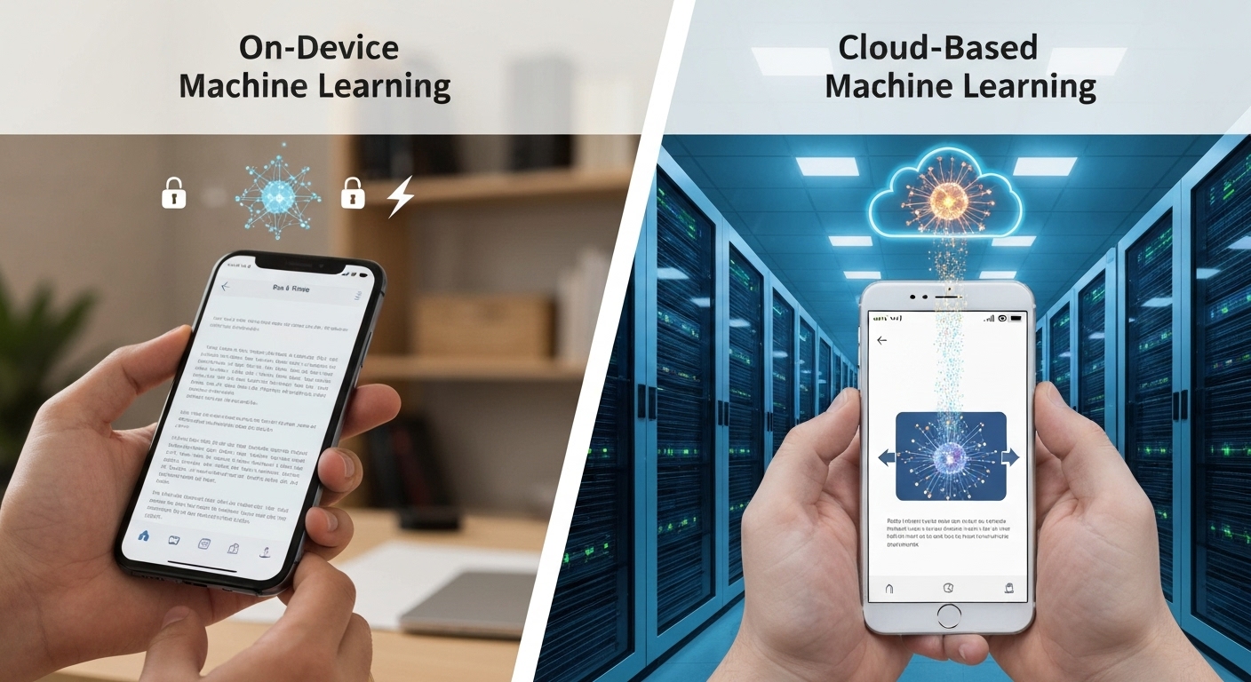 A comparative illustration of on-device machine learning versus cloud-based machine learning for mobile applications.