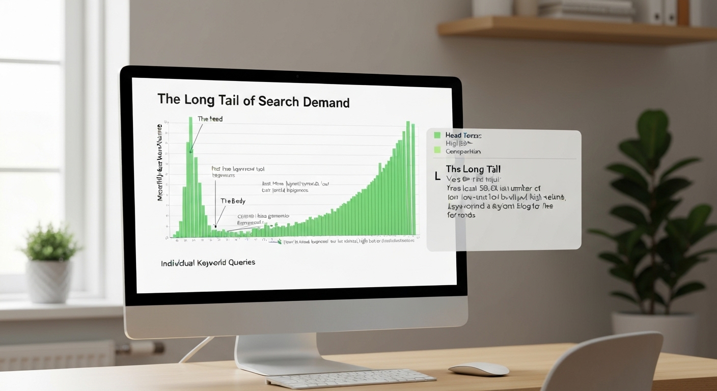 A graph showing the long tail of search demand, with many low-volume keywords making up a large portion of total searches.