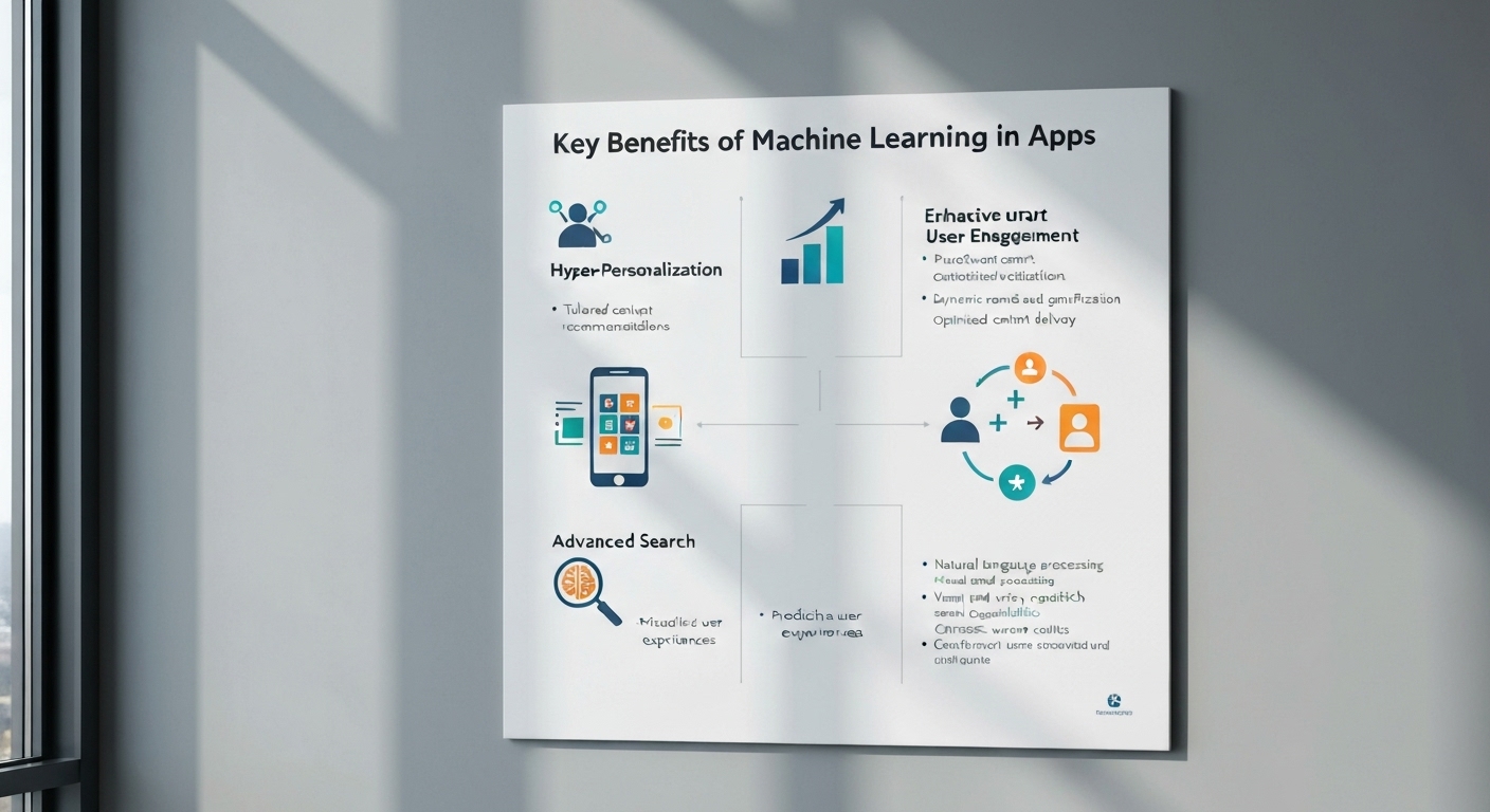 An infographic highlighting the key benefits of machine learning in apps, including personalization, user engagement, advanced search, and security.