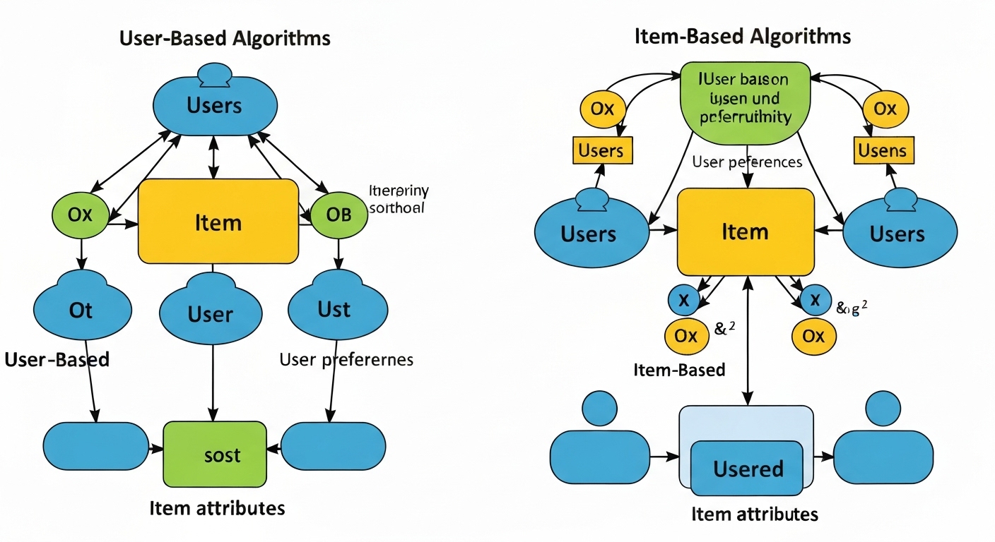 Diagram illustrating user-based and item-based collaborative filtering with user profiles and item relationships.