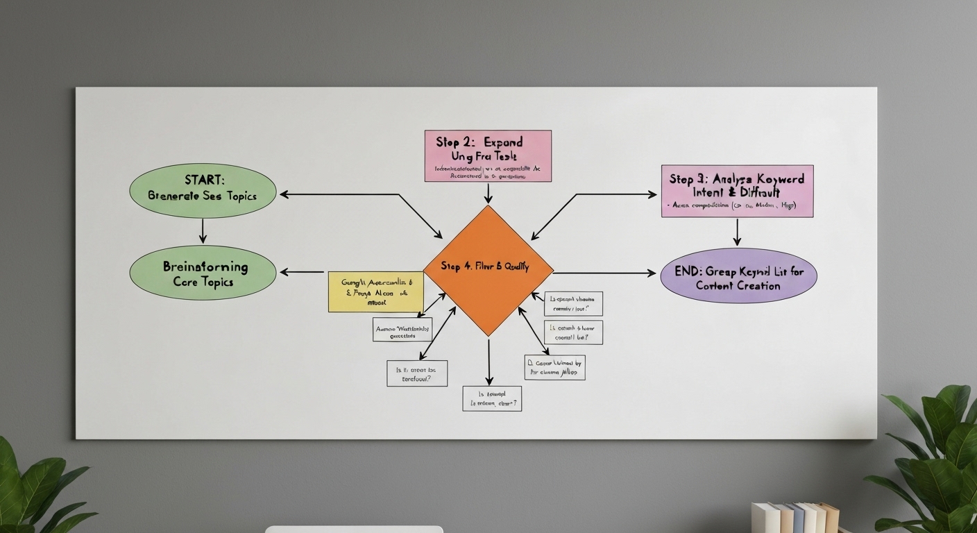 A flowchart showing the step-by-step process of keyword research from brainstorming to final selection.