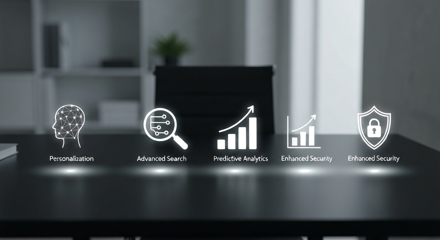 Icons representing the key benefits of machine learning in apps: personalization, advanced search, predictive analytics, and enhanced security.