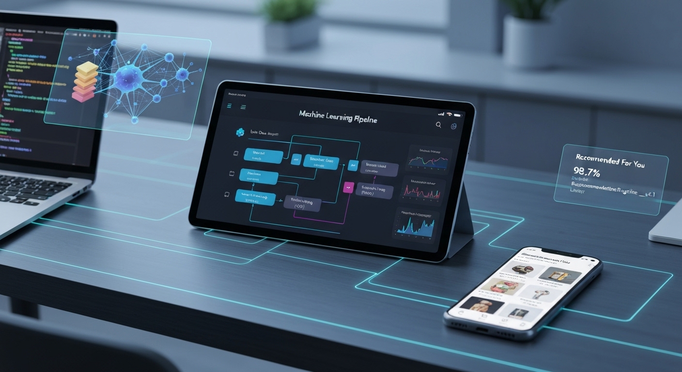 A futuristic interface showing the integration of artificial intelligence and machine learning across various mobile applications and connected devices.