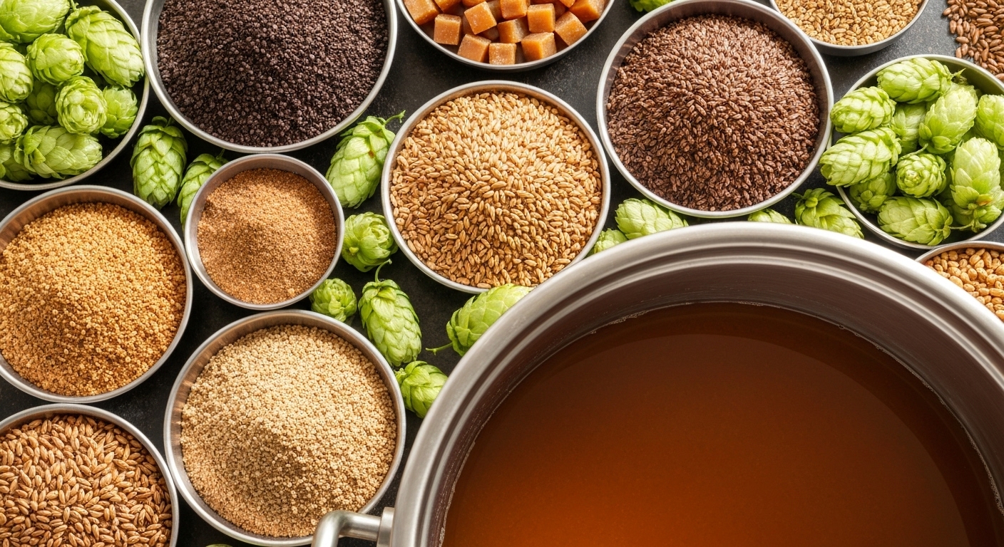 Selection of ingredients used in home brewing beer