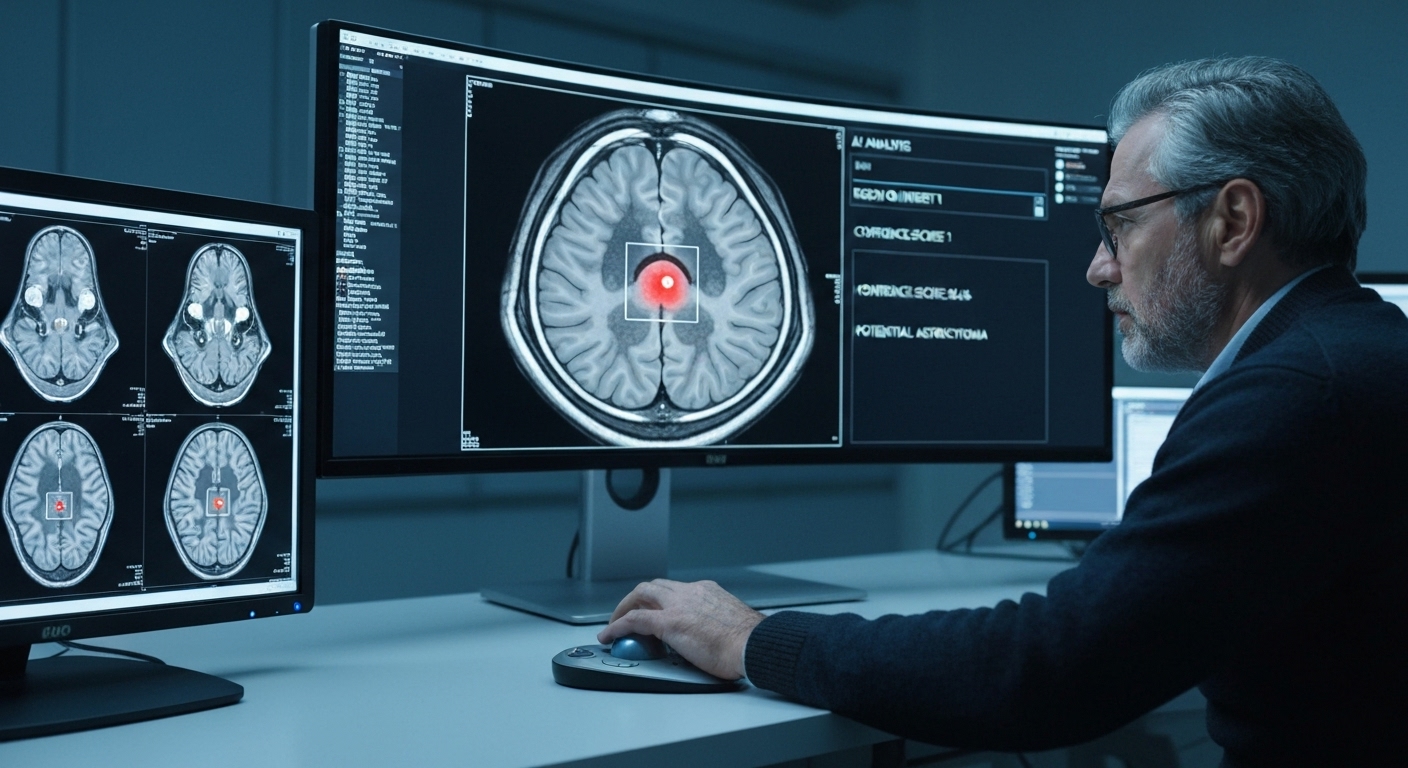 An AI system analyzing a medical brain scan to highlight a potential anomaly for a radiologist to review.