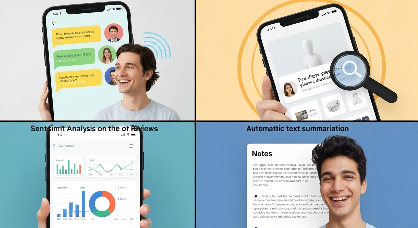 Icones illustrante diverse avantages de NLP in applicationes mobile