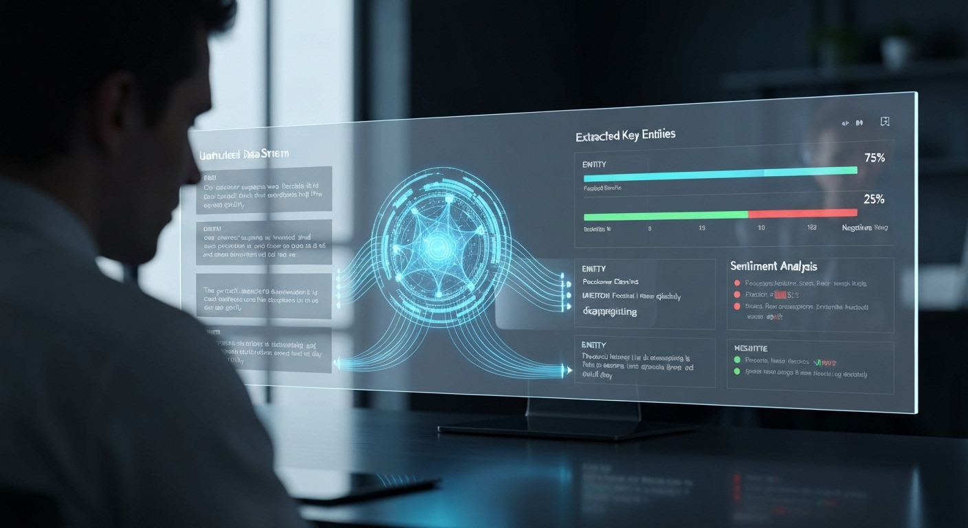 Graphic illustrating an NLP engine analyzing unstructured text to extract structured sentiment data and key entities.