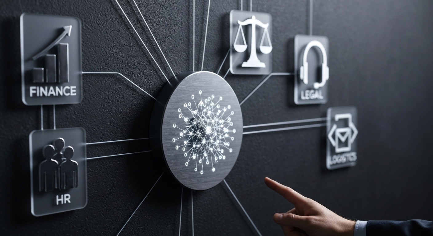 A collage of icons representing different industries like finance, HR, and customer service, all connected to a central automation hub.