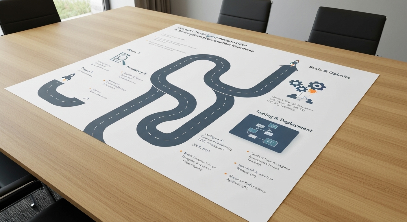 A roadmap infographic illustrating the steps for a successful intelligent automation implementation strategy.