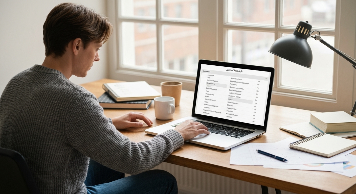 Illustration of a person using a laptop to perform keyword research, with various keywords displayed on the screen.