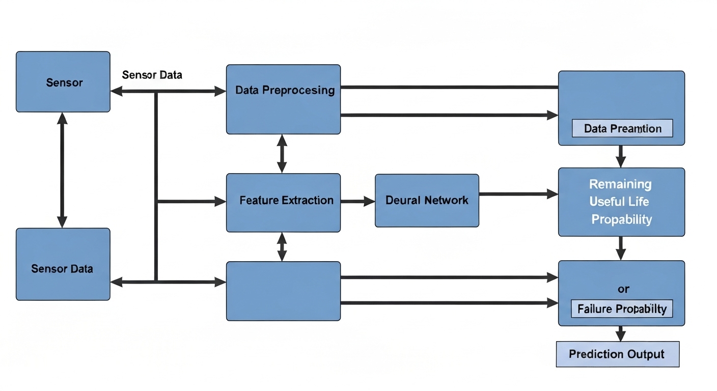 Diagram illustrating a deep learning model used for predictive maintenance, showing data flow and layers.