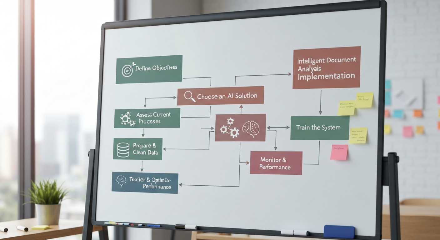 Flowchart illustrating the steps for implementing intelligent document analysis, including defining objectives, assessing processes, choosing a solution, preparing data, training the system, and monitoring performance.