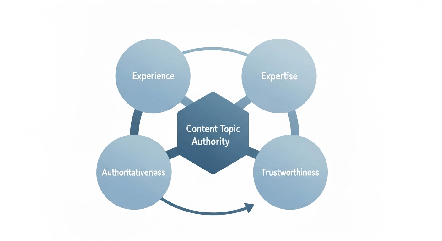 Graphic illustrating the E-E-A-T factors: Experience, Expertise, Authoritativeness, Trustworthiness.