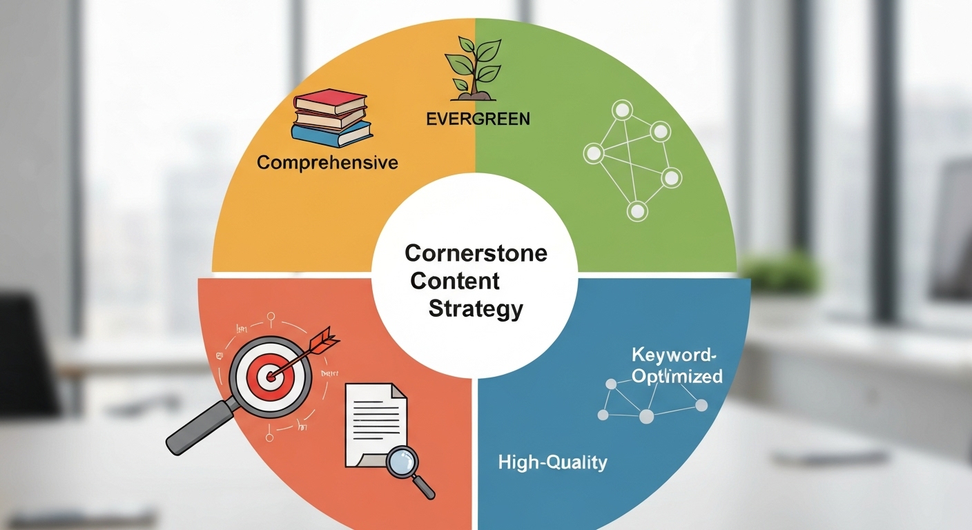 Diagram showcasing the key characteristics of cornerstone content: comprehensive, evergreen, high-quality, keyword-optimized, and internally linked.