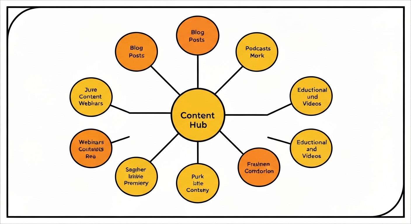 Illustration of a content hub with a central cornerstone content piece and surrounding topic clusters, connected by internal links.