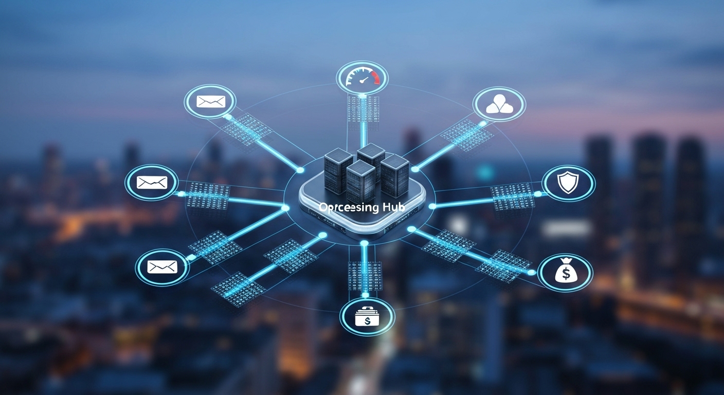 A visual representation of the benefits of intelligent data routing and processing, including efficiency, security, and cost reduction.