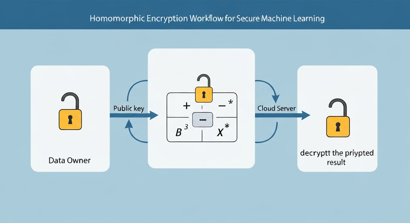 Diagram illustrating the homomorphic encryption workflow, showing encryption, computation on encrypted data, and decryption of results.
