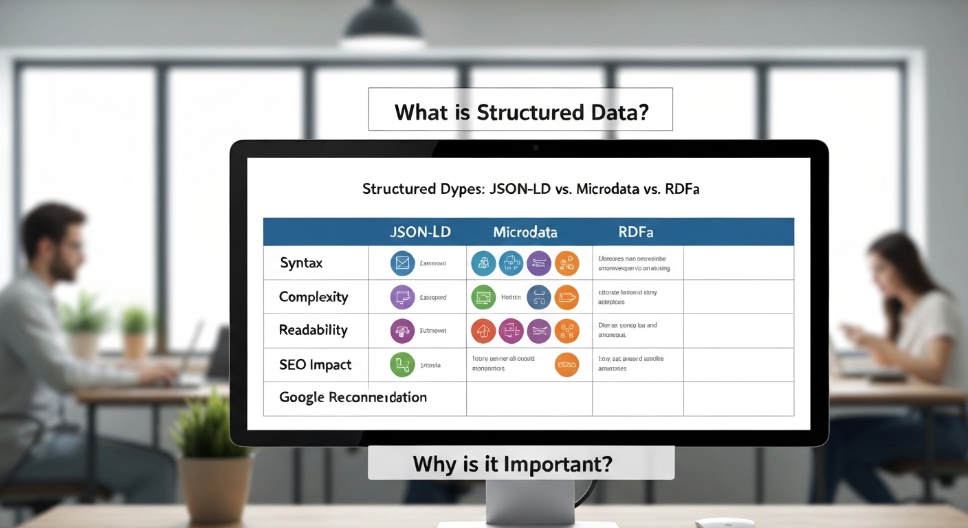 Comparison chart of different structured data types: JSON-LD, Microdata, and RDFa.