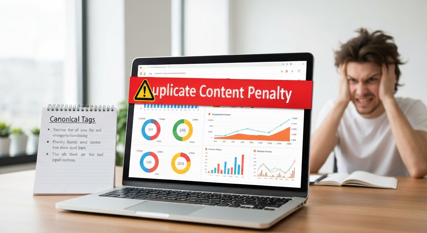 Visual representation of a website receiving a duplicate content penalty from a search engine