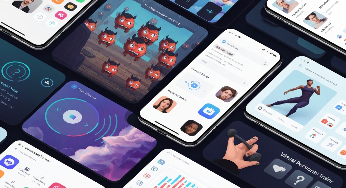 Collage illustrating various AI-powered mobile experiences, such as personalized recommendations, image recognition, and voice assistants.
