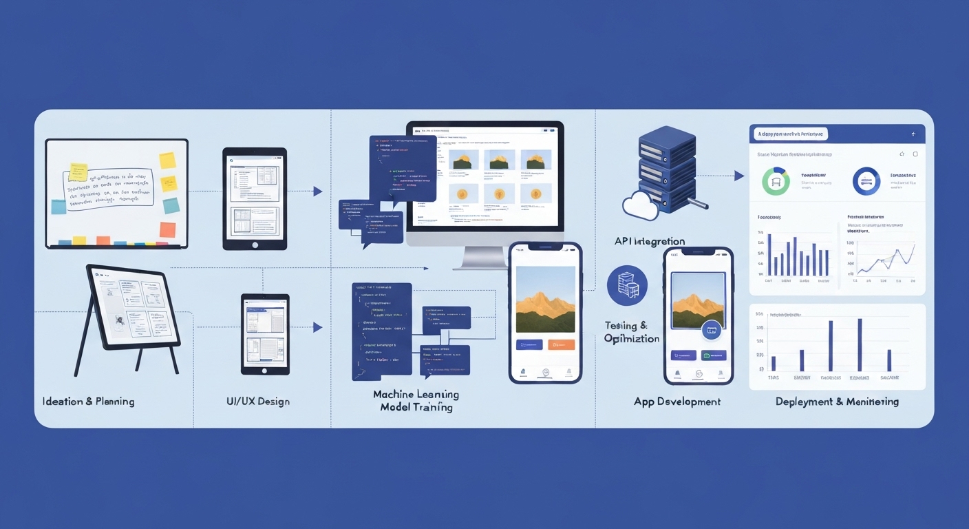 Illustration of the mobile app development process, with a focus on integrating image recognition capabilities.