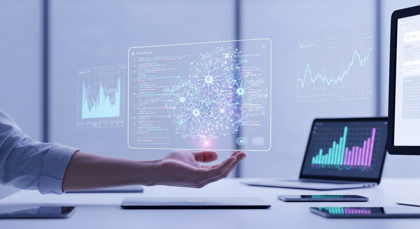 Conceptual image representing the future of AI in mobile applications, showing advanced technologies and user interfaces.