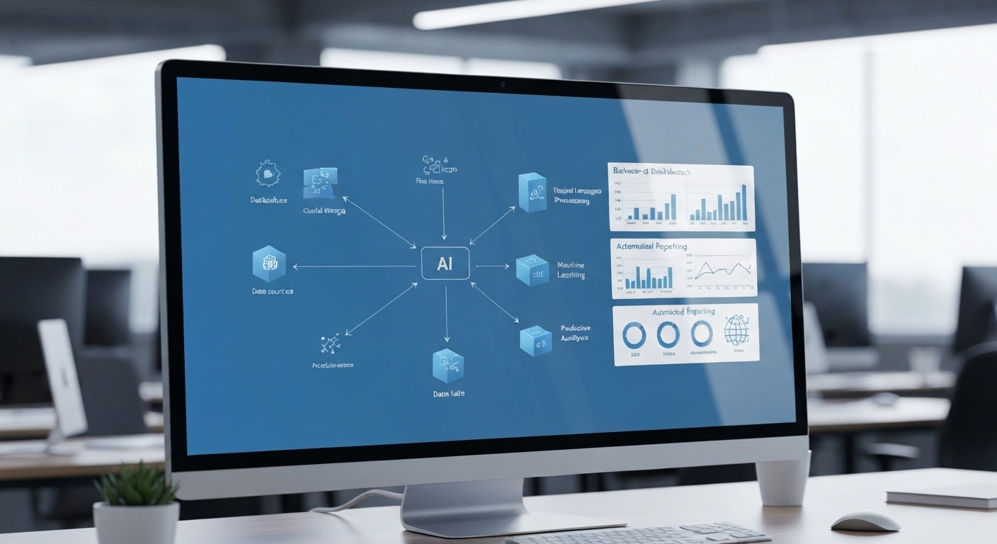 Diagram of an AI-powered business intelligence architecture with data sources and AI components.