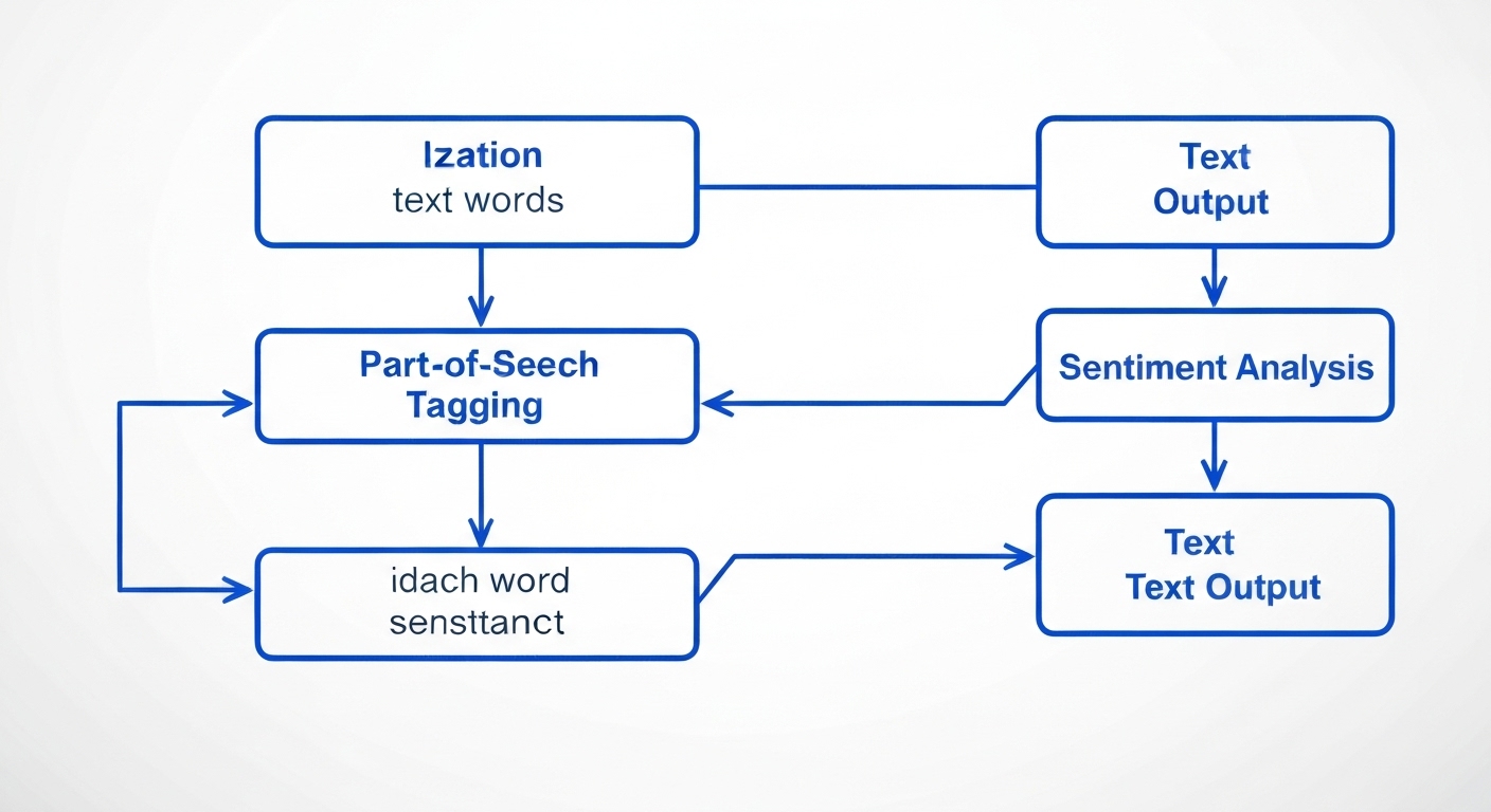 Diagram of natural language processing, showing text input and various processing stages.
