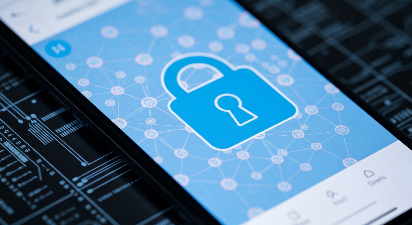 Illustration showing a mobile app with a padlock icon, symbolizing enhanced security provided by machine learning.