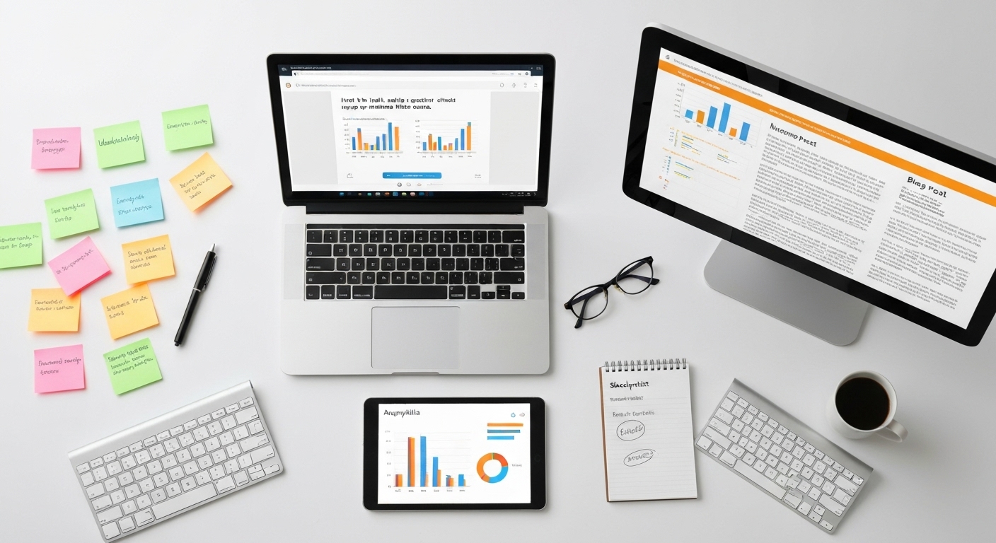 Image displaying the steps involved in keyword research: identification, analysis, selection, and implementation.