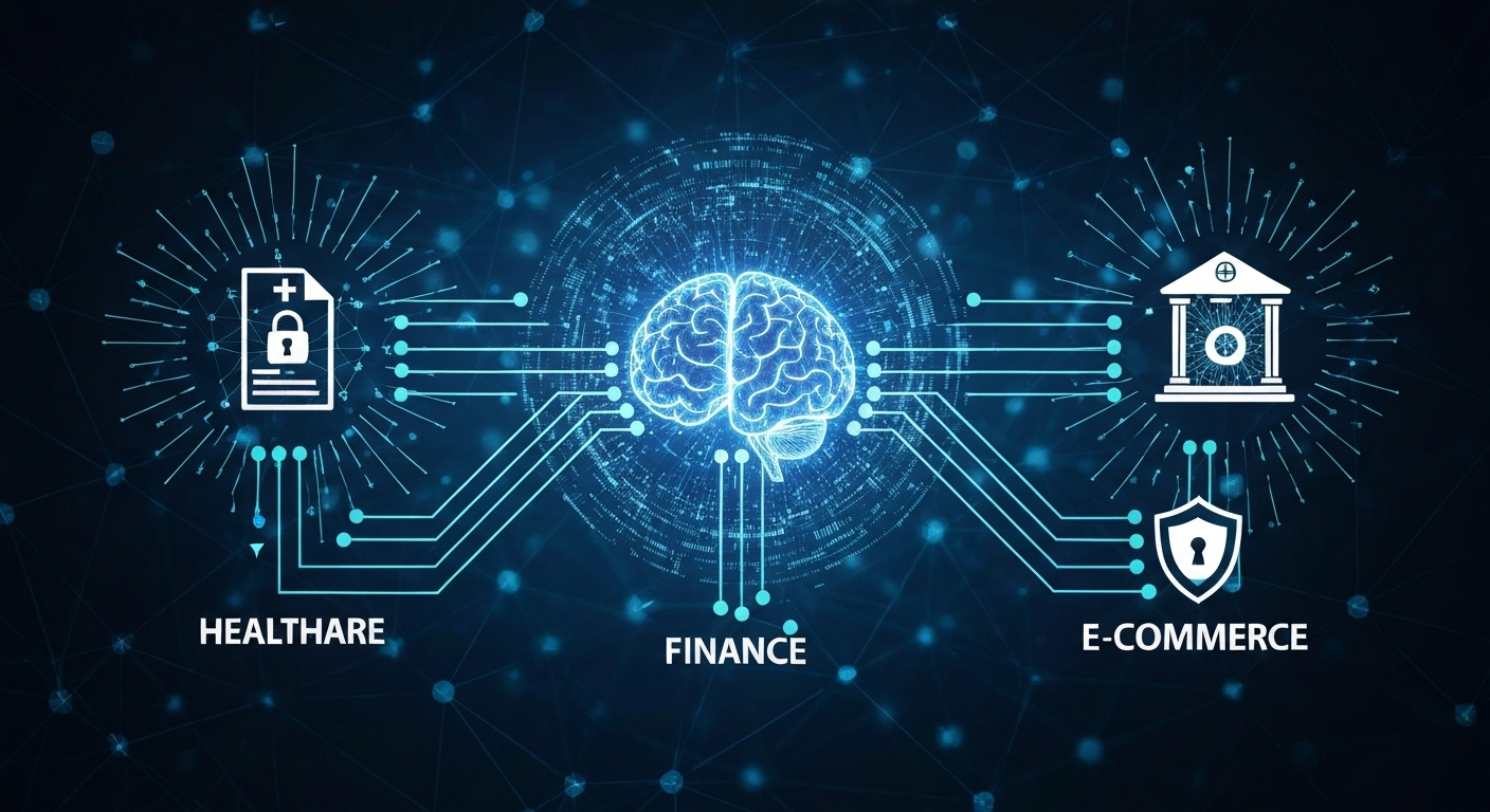 Illustrative diagram showing the application of AI encryption across different industries like healthcare, finance, and e-commerce.