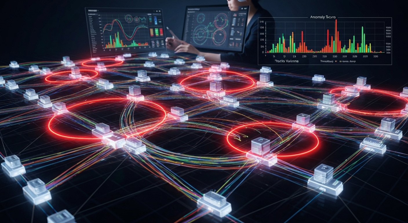 A visualization of network traffic with highlighted anomalies detected by machine learning algorithms.