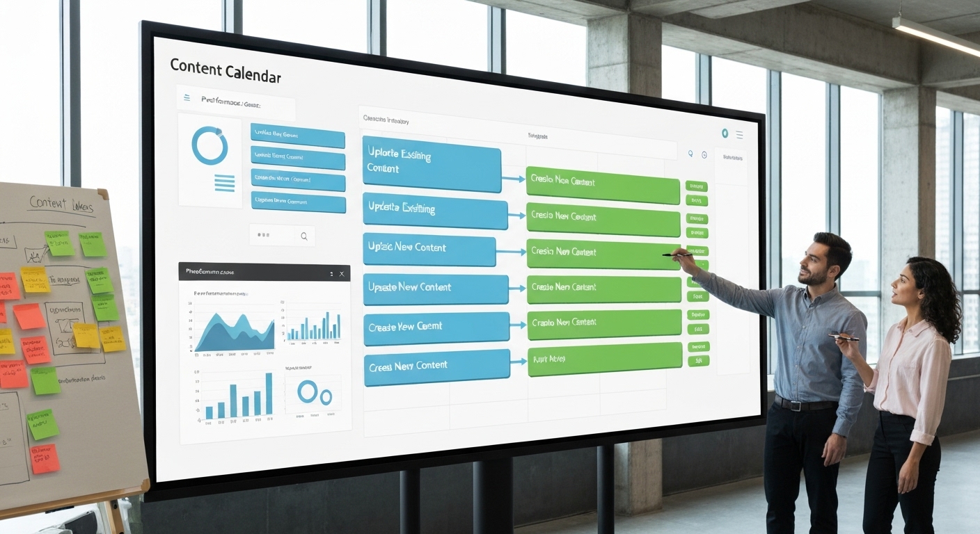 Image of a content calendar showing a planned schedule for updating existing content and creating new content.