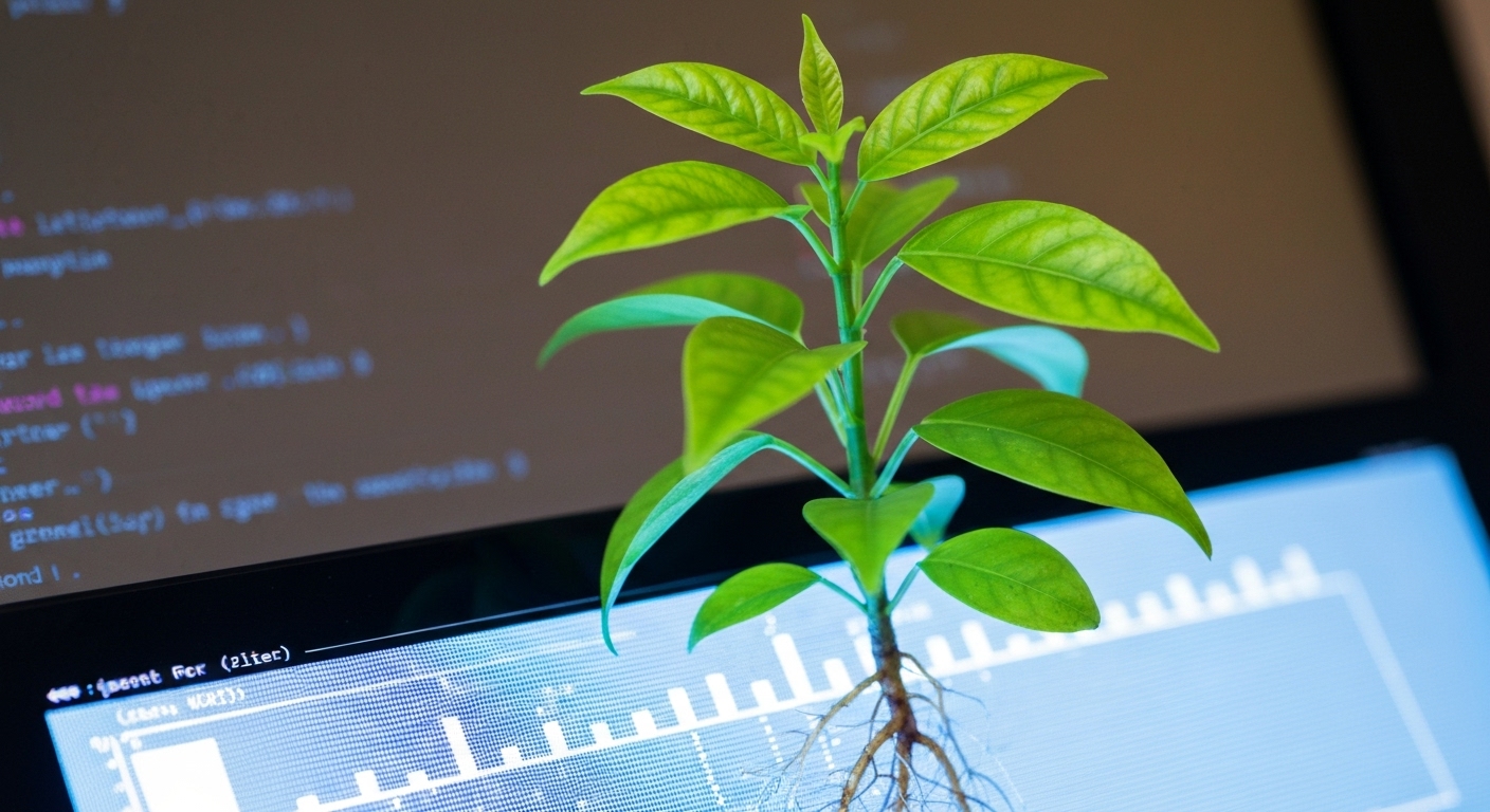 Illustration showing a plant growing from a computer screen, symbolizing content growth and improvement.