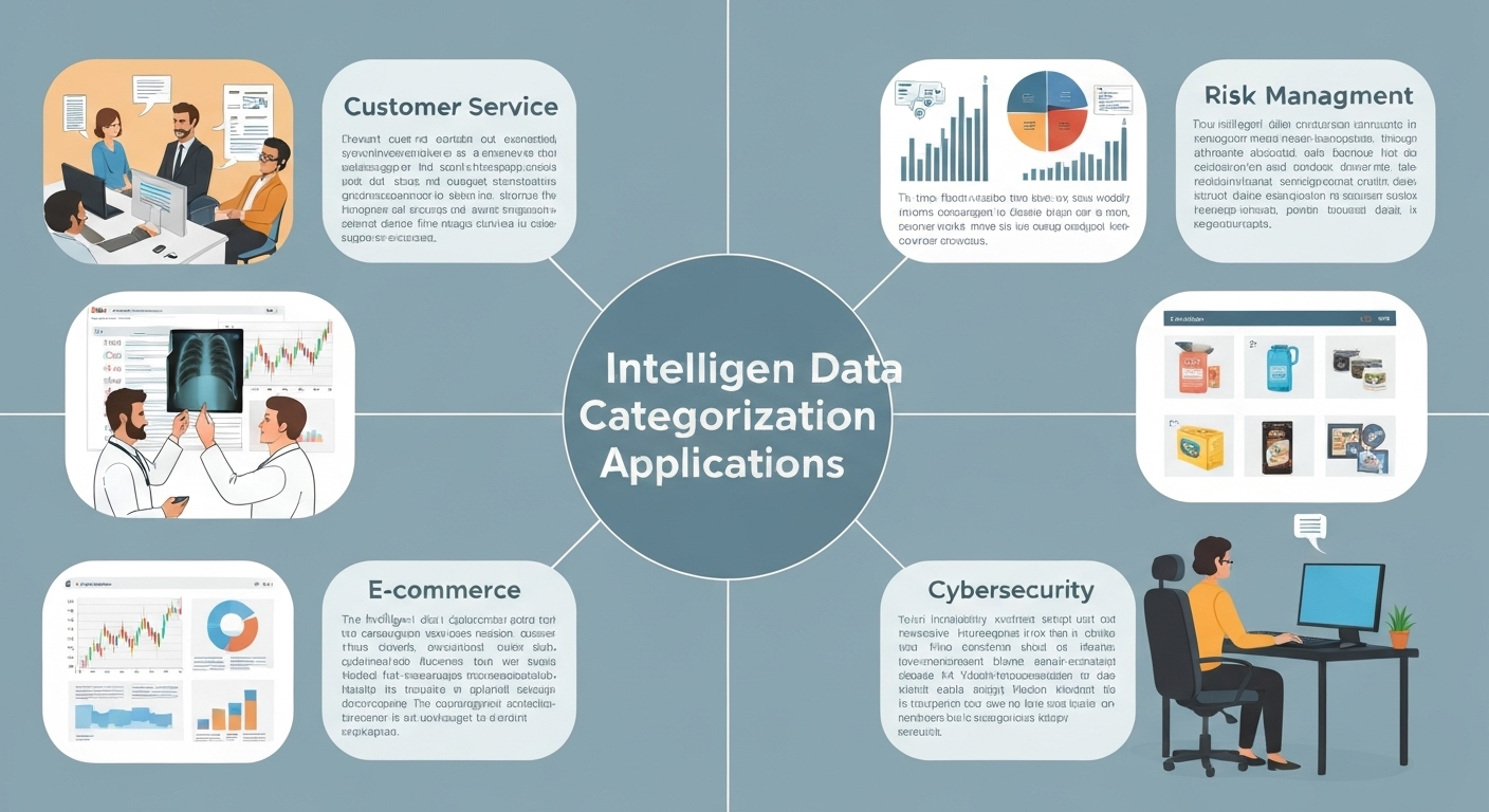 Grafico monstrante diverse applicationes de intelligent data categorization in sectores como customer service, risk management, e-commerce, sanitate, e cybersecurity.